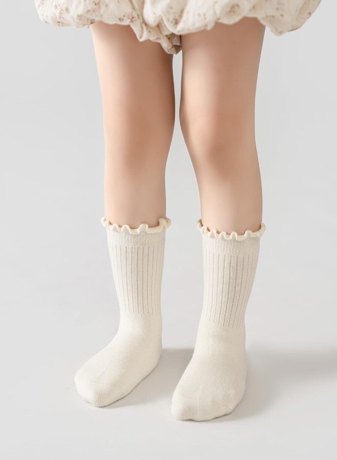 Funjoon 6M-5T Baby Toddler Little Girls Cute Ruffle Socks Cotton Toddler White Frilly Dress Kids Crew Socks 5 Pack, Brown Mix 3-5T - Image 4