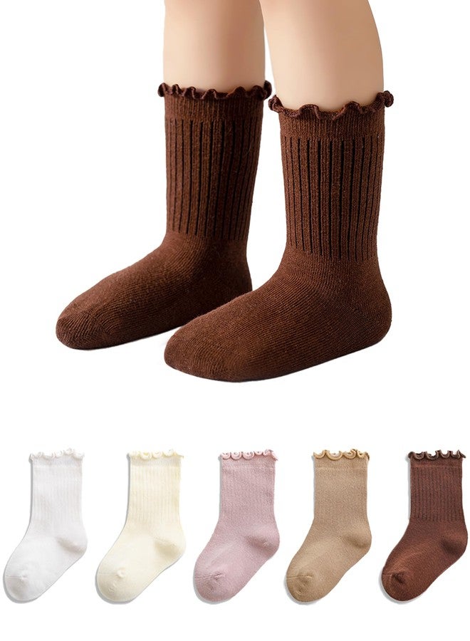 Funjoon 6M-5T Baby Toddler Little Girls Cute Ruffle Socks Cotton Toddler White Frilly Dress Kids Crew Socks 5 Pack, Brown Mix 3-5T - Image 1
