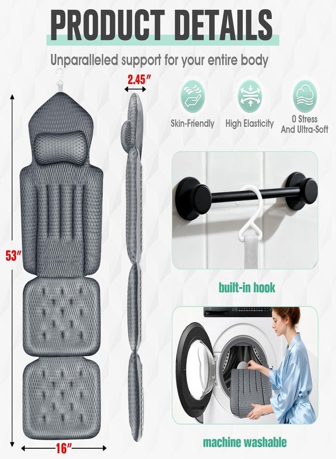 Ciavca Upgraded Full Body Bath Pillow for Bathtub,Luxury Thick Bath Cushion for Soaking Tub with 192 Suction Cups,Full Body Bathtub Pillows for Head and Neck Shoulder Support,4D Air Mesh, 53" x 16" Dark Gray - Image 2