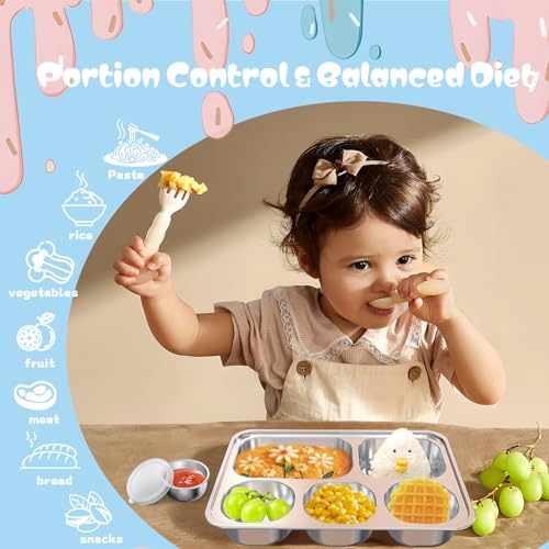 Bakpoco Stainless Steel Divided Plate for Kids Toddler, Non Toxic Portion Control Plate Dinner Plate with Lid for Adults Weight Loss, 4 Pack 5 Sections Rectangular Snack Plate Tray - Image 3