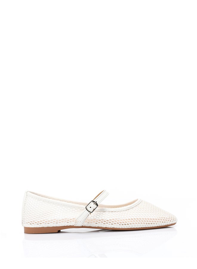White Semi Square Toecap Mesh Flat Shoes