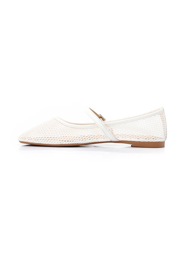 DejaVu White Semi Square Toecap Mesh Flat Shoes  - Image 3