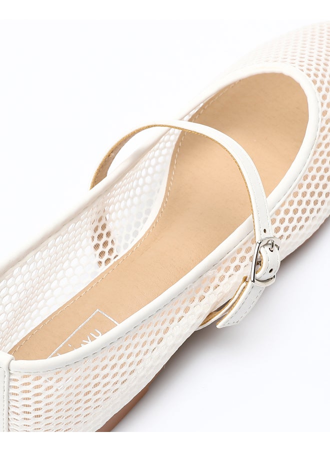 DejaVu White Semi Square Toecap Mesh Flat Shoes  - Image 4