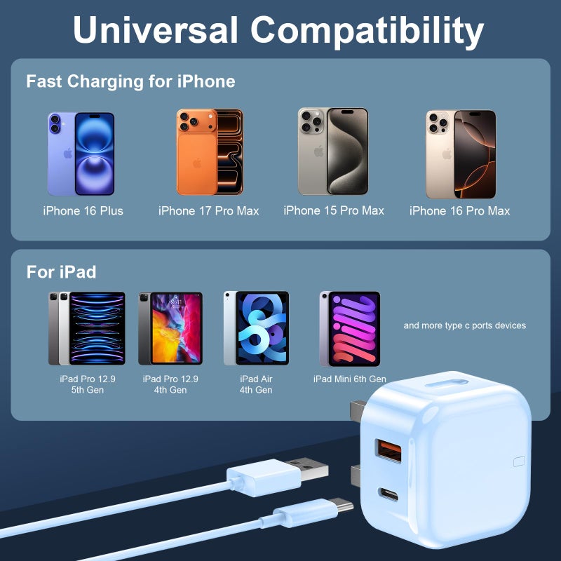 DiHines USB C Charger for iPhone 17 16 15 Charger 20W Fast Charger USB C Plug and Cable, 2 Pack Type C UK Wall Phone Power Adapter USBC Lead for iPhone 17/16/15/Pro/Max/Air/Plus/iPad/Samsung S25 Ultra/S24/S23 - Image 5