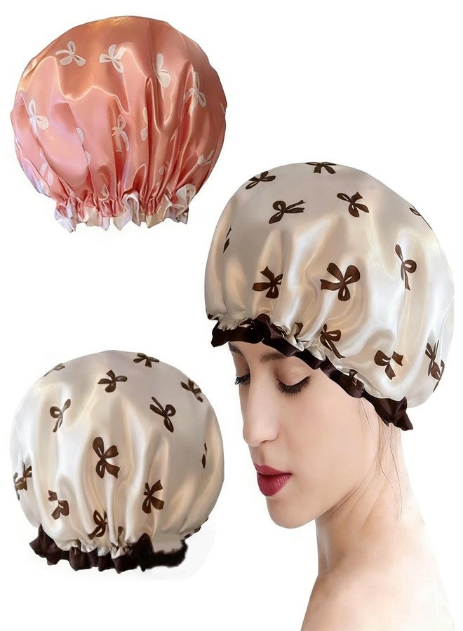 YUISI 2PCS Eusable Shower Caps Waterproof Elastic Free-Size Bath Caps with Pink & Gold Butterfly Design for Adults, Caps for Hair Protection, Spa, Bathroom Home and Salon Hair Protection - Image 1