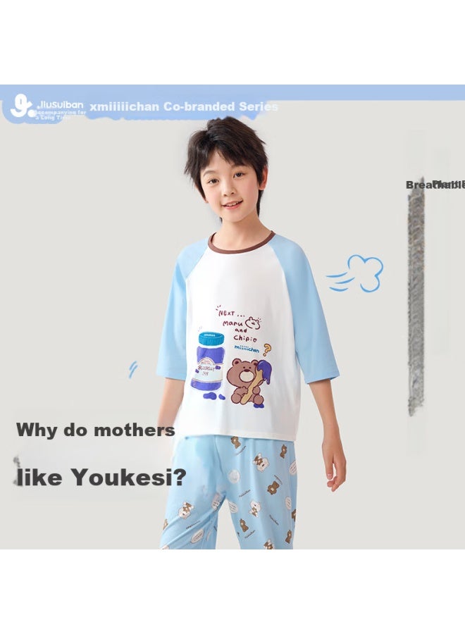 Long time companion Longevity Companion Boys' Pajamas Children's Spring And Summer Thin Home Wear Big Kids Round Neck Set - Image 4