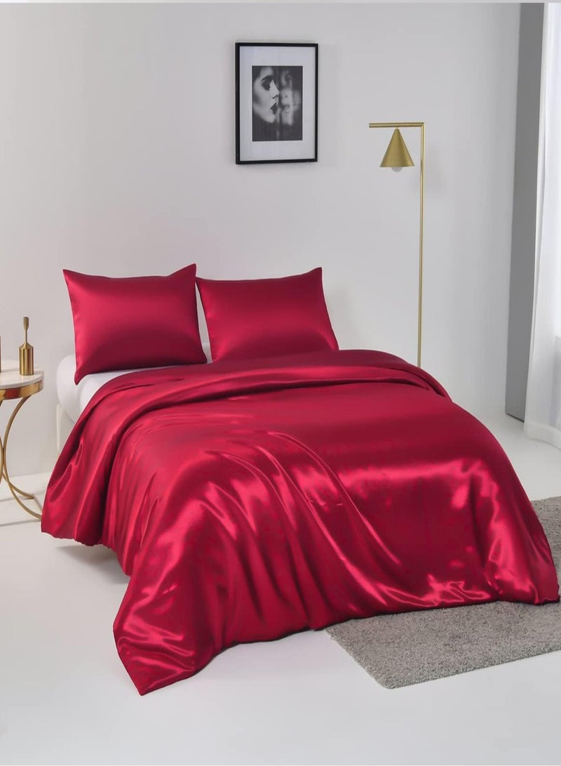 4piece Duvet Cover Sets Single Size Luxury Satin Set Skin-friendly and Comfortable and Smooth 1 quilt cover(160*210) 1 fitted bedsheet (120*200+30)  2 Pillow Cases (50*75) Silky red - Image 1