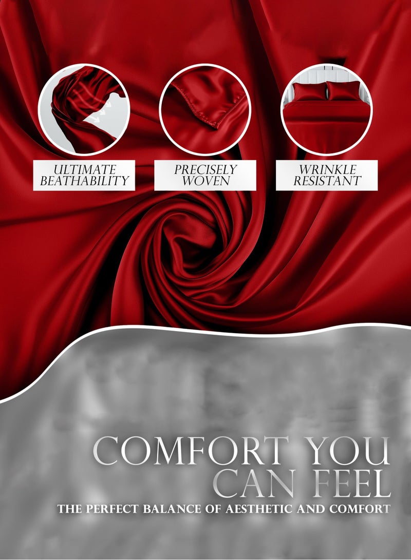 4piece Duvet Cover Sets Single Size Luxury Satin Set Skin-friendly and Comfortable and Smooth 1 quilt cover(160*210) 1 fitted bedsheet (120*200+30)  2 Pillow Cases (50*75) Silky red - Image 3
