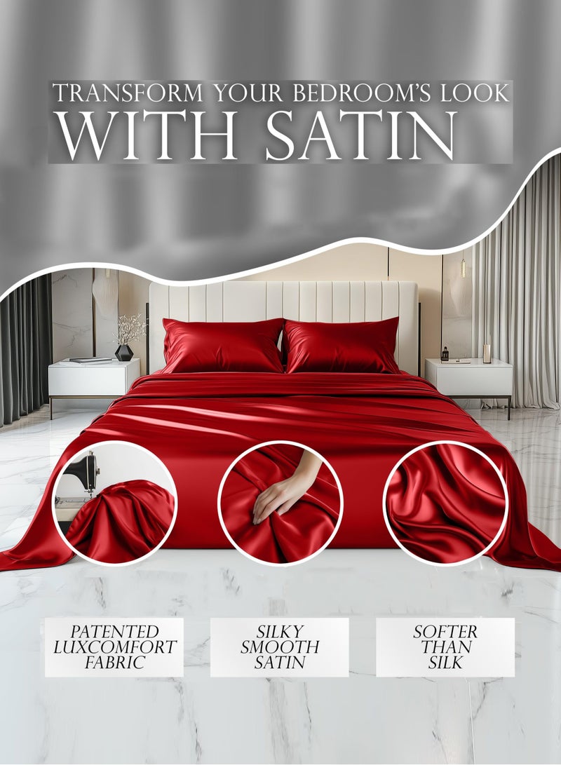 4piece Duvet Cover Sets Single Size Luxury Satin Set Skin-friendly and Comfortable and Smooth 1 quilt cover(160*210) 1 fitted bedsheet (120*200+30)  2 Pillow Cases (50*75) Silky red - Image 2