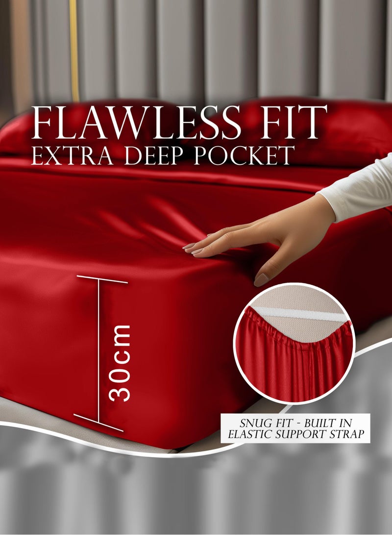 4piece Duvet Cover Sets Single Size Luxury Satin Set Skin-friendly and Comfortable and Smooth 1 quilt cover(160*210) 1 fitted bedsheet (120*200+30)  2 Pillow Cases (50*75) Silky red - Image 4