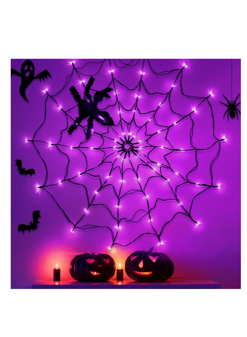 Halloween Decorations Halloween Spider Web Lights With Plush Spider - Spooky Indoor Light-Up Decorations For Kids Party Haunted House Window Decor（Purple） - Image 1