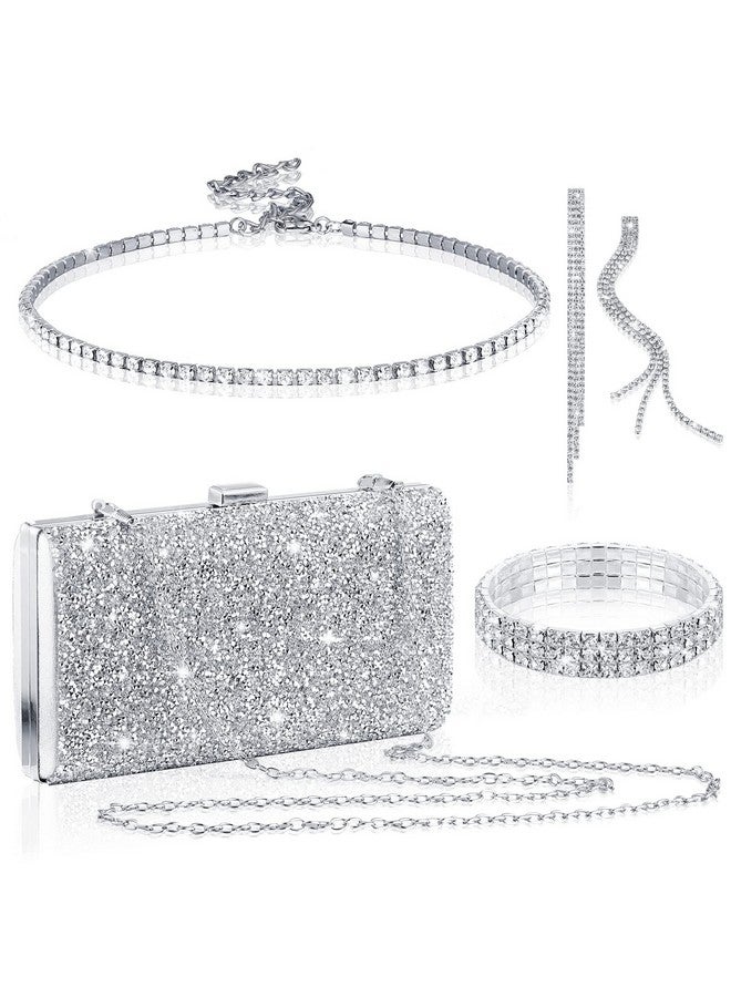 Kigeli 4 Pieces Women Rhinestone Evening Clutch Bag Rhinestone Earring Bridal Wedding Necklace Bracelet Dangle Bling Glitter Purse (Silver) - Image 1