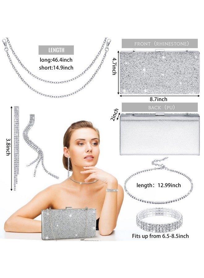 Kigeli 4 Pieces Women Rhinestone Evening Clutch Bag Rhinestone Earring Bridal Wedding Necklace Bracelet Dangle Bling Glitter Purse (Silver) - Image 4