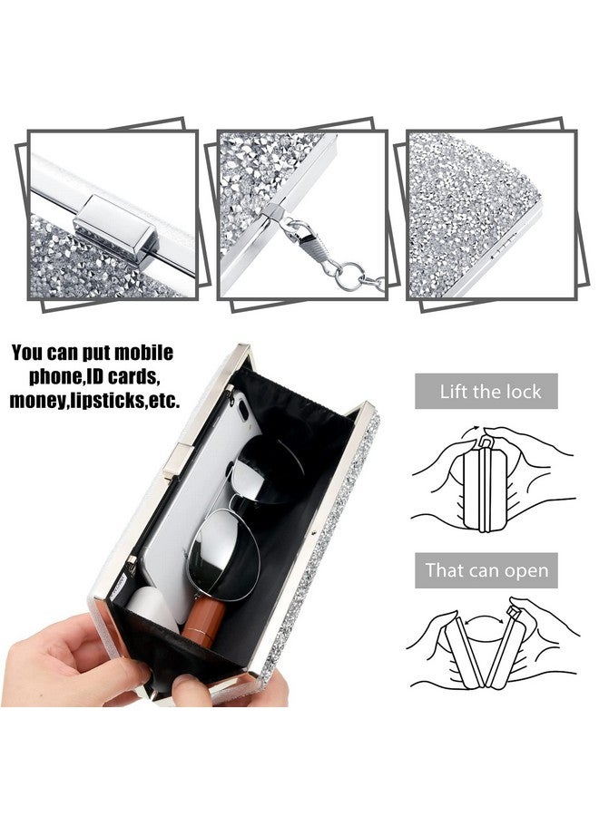 Kigeli 4 Pieces Women Rhinestone Evening Clutch Bag Rhinestone Earring Bridal Wedding Necklace Bracelet Dangle Bling Glitter Purse (Silver) - Image 3