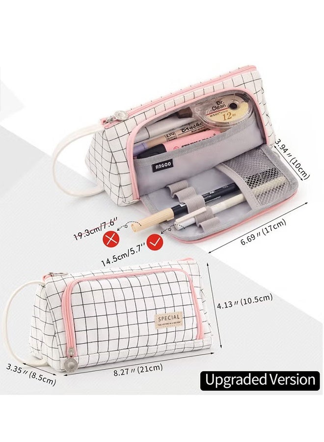 Happy D Plaid White Pencil Case, Large Capacity Storage Pouch Marker Pen Pencil Case, Large Storage Pen Case Pencil Bag for Office Travel Holder Box - Image 3
