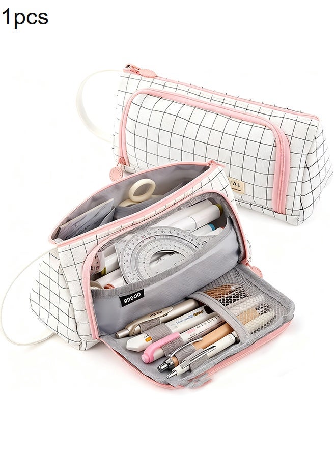 Happy D Plaid White Pencil Case, Large Capacity Storage Pouch Marker Pen Pencil Case, Large Storage Pen Case Pencil Bag for Office Travel Holder Box - Image 1