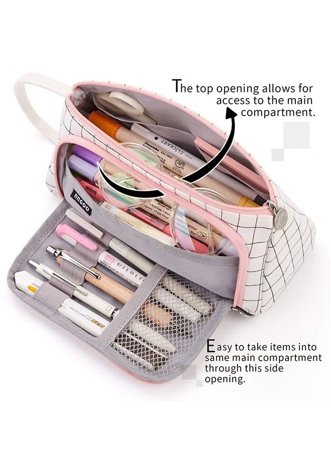 Happy D Plaid White Pencil Case, Large Capacity Storage Pouch Marker Pen Pencil Case, Large Storage Pen Case Pencil Bag for Office Travel Holder Box - Image 4