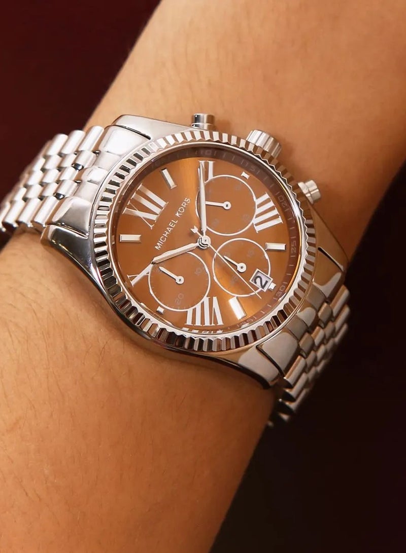 ام كي ساعة نسائية Lexington Chronograph 38 مم برتقالية فضية MK6221 - Image 4