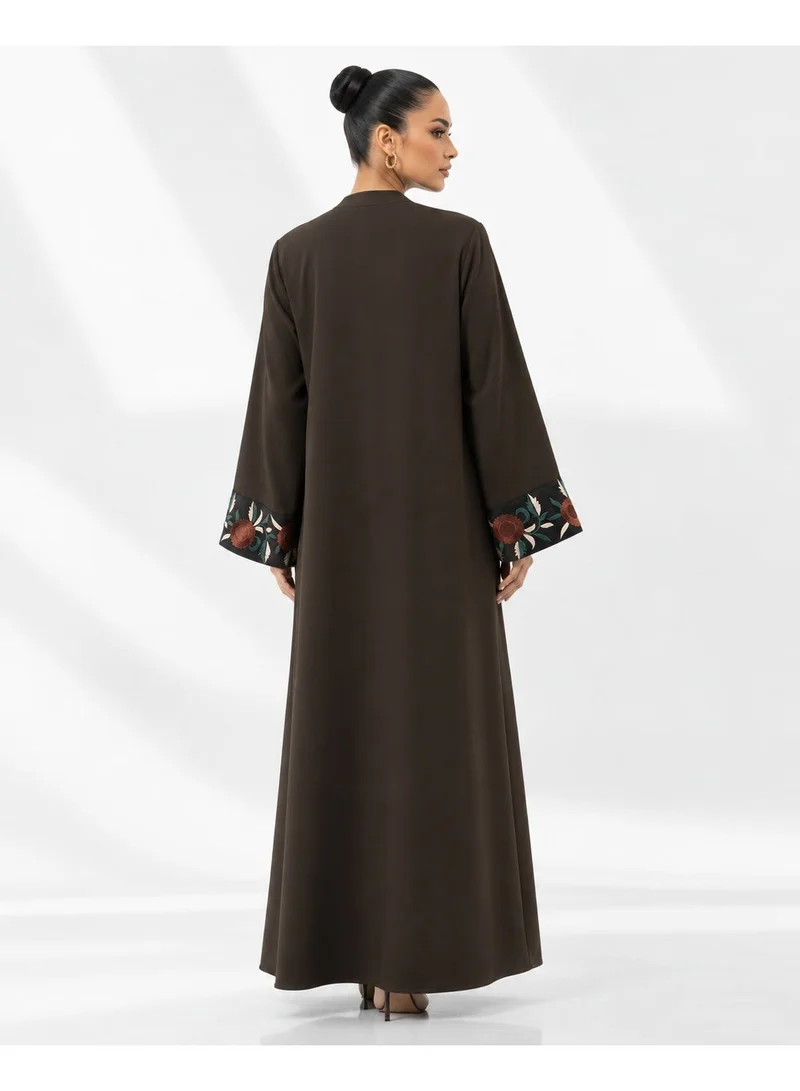 Aara Women's Dark Brown Open-Front Abaya with Floral Embroidery and Wide Sleeves