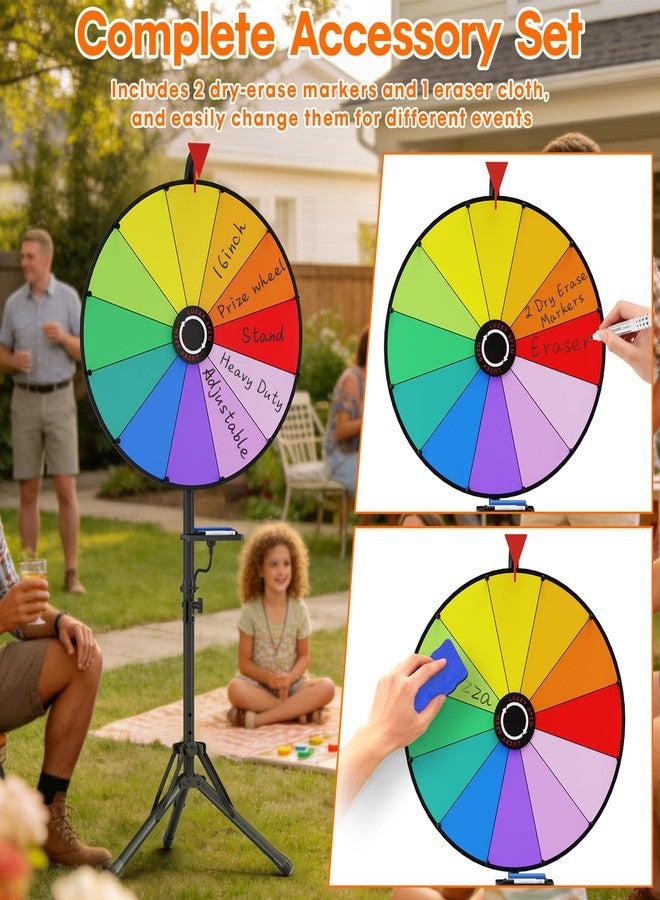 ORWOD 16 Inch Prize Wheel with Stand, Adjustable Height 47-62 Inches, Heavy Duty Metal Spinning Wheel Game, 12 Slots Spin the Wheel Includes Markers & Eraser for Trade Shows Carnivals Home Classrooms - Image 4