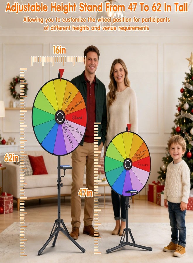 ORWOD 16 Inch Prize Wheel with Stand, Adjustable Height 47-62 Inches, Heavy Duty Metal Spinning Wheel Game, 12 Slots Spin the Wheel Includes Markers & Eraser for Trade Shows Carnivals Home Classrooms - Image 2