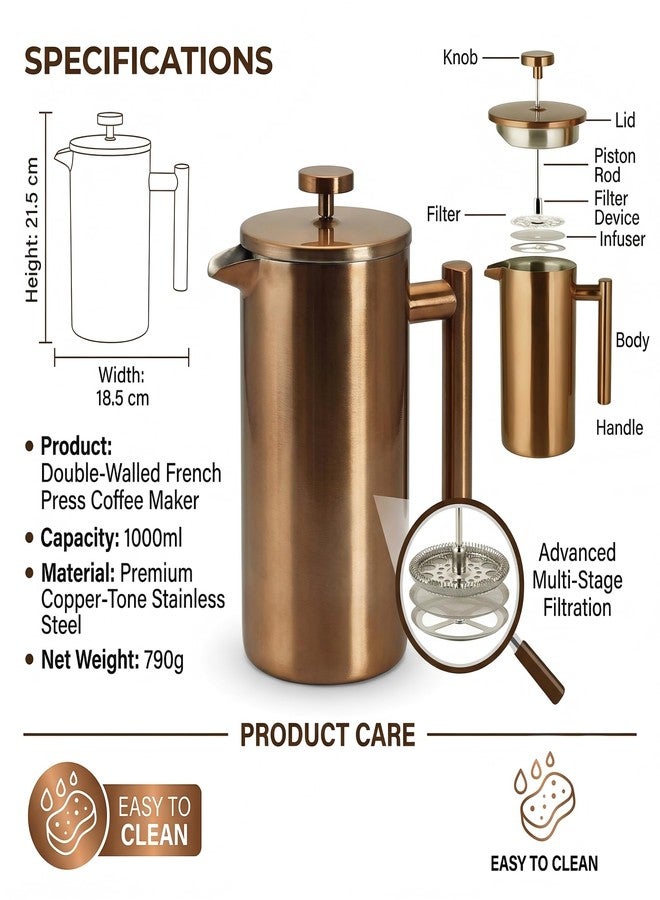 YJX 34oz Coffee Maker, Stainless Steel French Press, 1 Liter Camping Coffee Pot, Tea Maker, 34 Ounce Travel Coffee Presses, Heat Resistant Double Insulated (Coppery) - Image 5