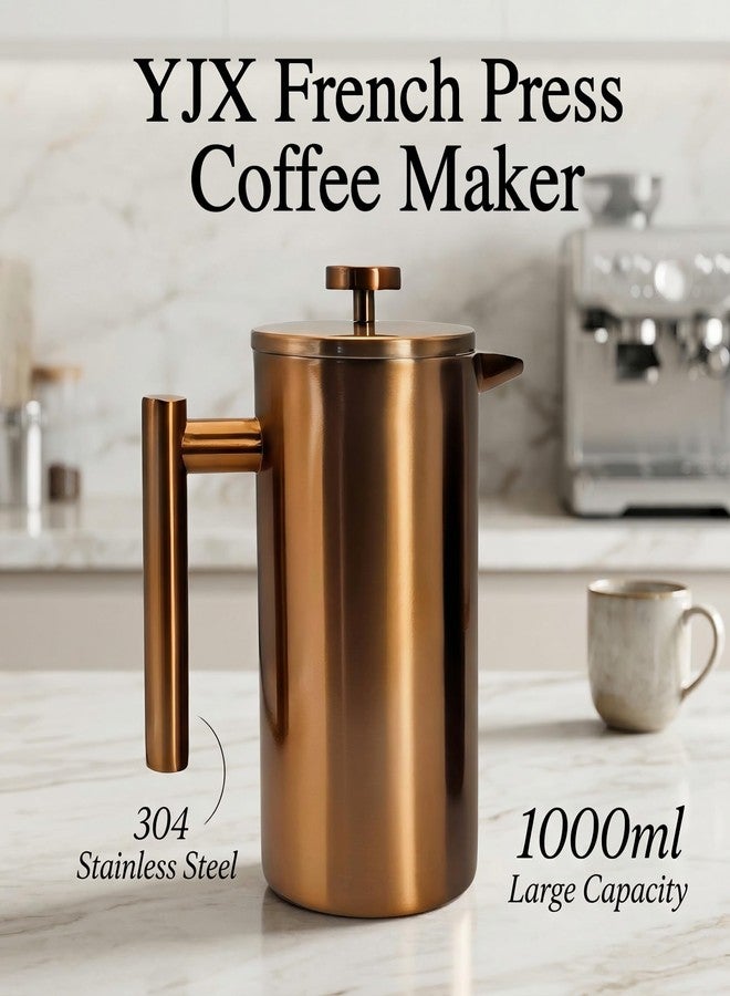YJX 34oz Coffee Maker, Stainless Steel French Press, 1 Liter Camping Coffee Pot, Tea Maker, 34 Ounce Travel Coffee Presses, Heat Resistant Double Insulated (Coppery) - Image 2
