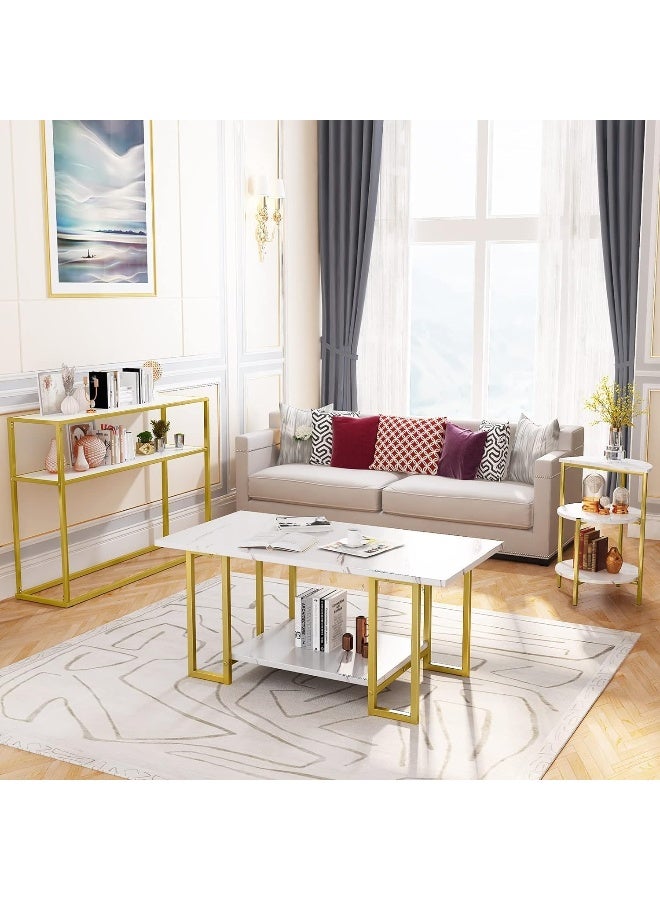 YINZUO Console,Coffee, and Side with White Marble and Gold Metal Frame – Stylish Living Room Center for Home and Office, Enterway,Front Sofa (Coffee Table) - Image 2
