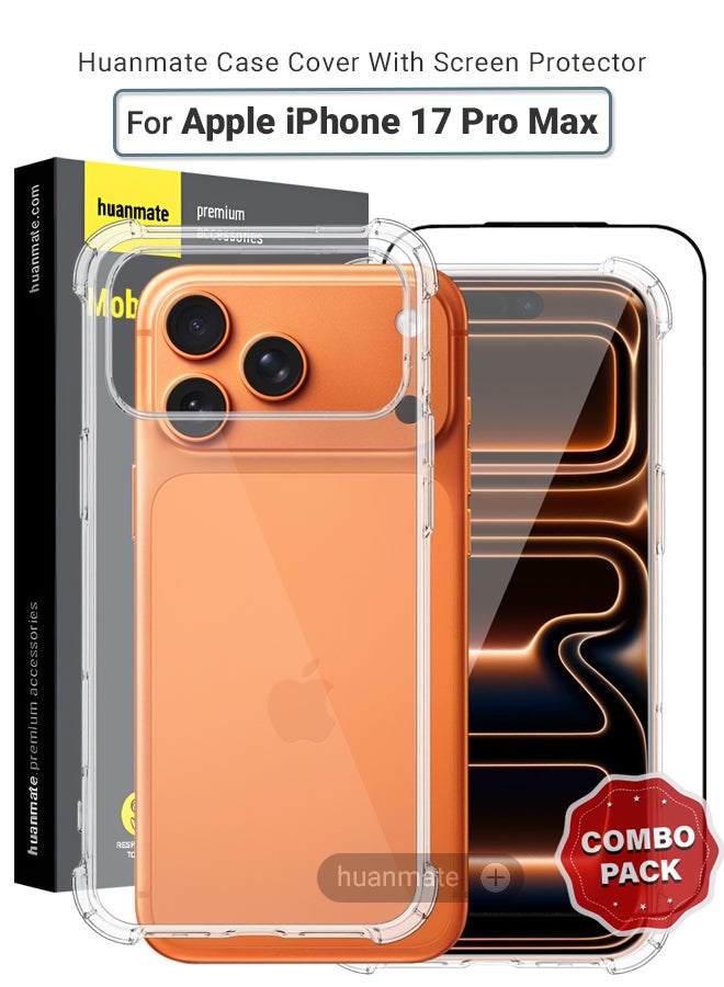 هووانميت حزمة حماية 2 في 1 لهاتف أبل آيفون 17 برو ماكس - حافظة فائقة الوضوح مضادة للصدمات وواقي شاشة من الحافة إلى الحافة، حماية 360 درجة، غطاء خلفي وواقي شاشة لهاتف أبل آيفون 17 برو ماكس - Image 1
