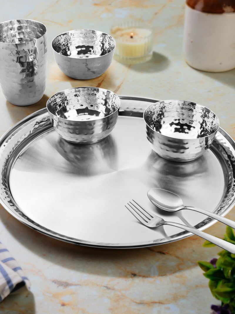 Classic Essentials Stainless Steel Hammered Texture Heavy Gauge Mirror Finish Royal Dinner Set of 14 Pcs (2 Plate, 6 katori, 2 Glass, 4 Spoon) - Image 1