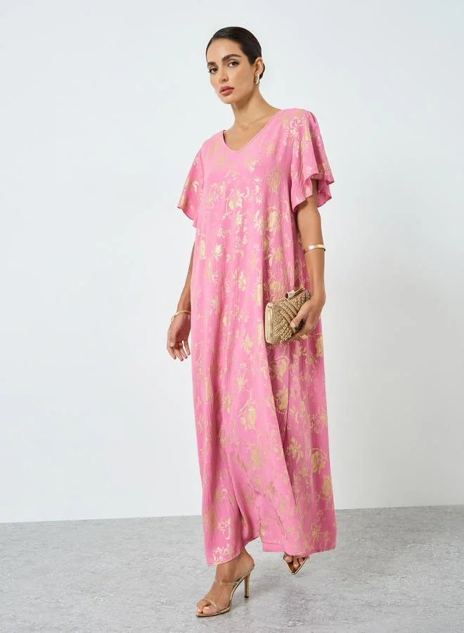 Take Two Pink Women Floral Printed Short Sleeve Jalabiya for Women | Best Price UAE