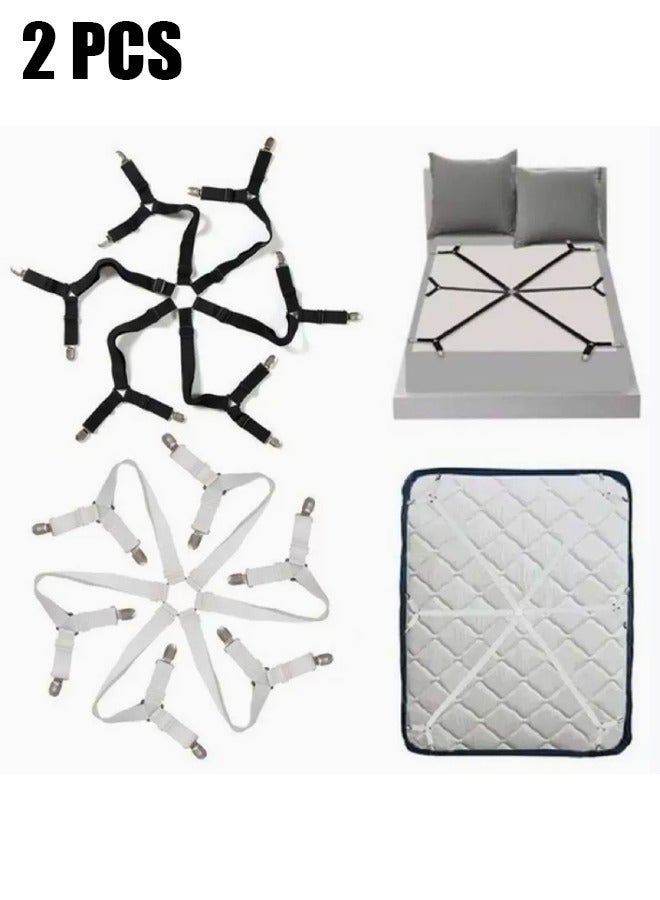 كيلا شريطان لحمل ملاءات السرير، مثبتات ملاءات مرنة قابلة للتعديل، مشابك ملاءات متقاطعة بستة اتجاهات، شريط تعليق، مراتب دائرية مربعة ملائمة لسرير كامل، سرير كوين، سرير كينج توأم (أسود + أبيض) - Image 1