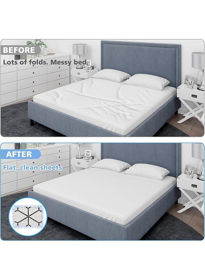 كيلا شريطان لحمل ملاءات السرير، مثبتات ملاءات مرنة قابلة للتعديل، مشابك ملاءات متقاطعة بستة اتجاهات، شريط تعليق، مراتب دائرية مربعة ملائمة لسرير كامل، سرير كوين، سرير كينج توأم (أسود + أبيض) - Image 2