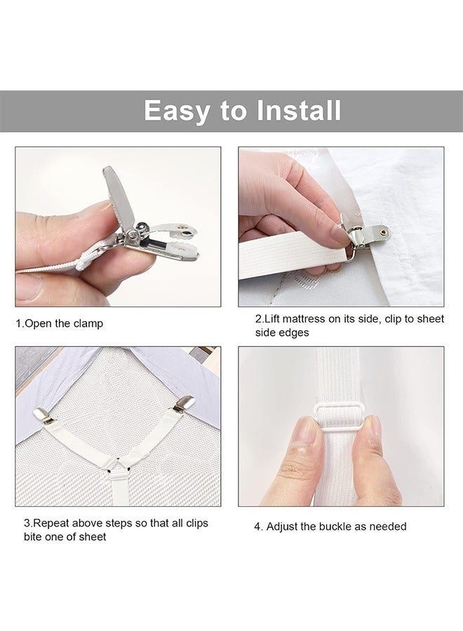 كيلا شريطان لحمل ملاءات السرير، مثبتات ملاءات مرنة قابلة للتعديل، مشابك ملاءات متقاطعة بستة اتجاهات، شريط تعليق، مراتب دائرية مربعة ملائمة لسرير كامل، سرير كوين، سرير كينج توأم (أسود + أبيض) - Image 4