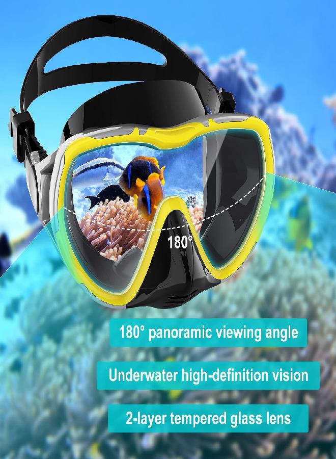 RABIGALA Snorkel Diving Mask For Adults, Anti-Fog Tempered Glass Scuba Mask 180Â°Panoramic Swim Mask With Nose Cover For Scuba Diving Swimming (Silver-Yellow) - Image 2