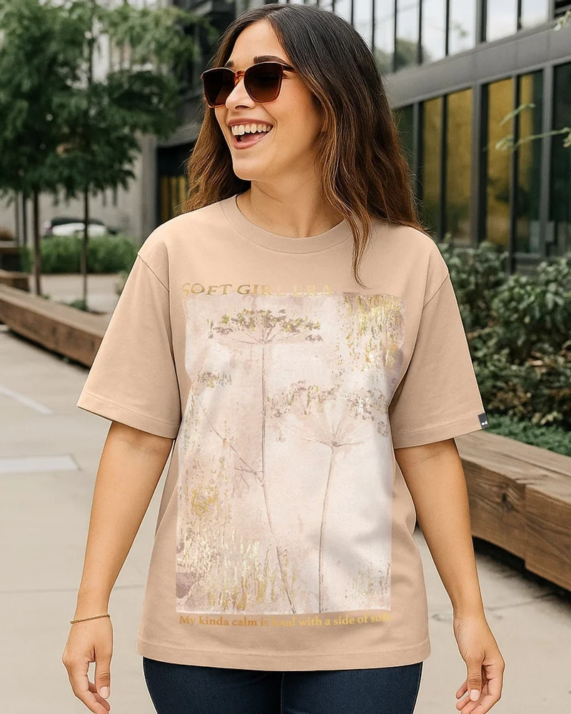 bewakoof Women's Ginger Root Brown Soft Girl Era Foil Printed Oversized T-shirt