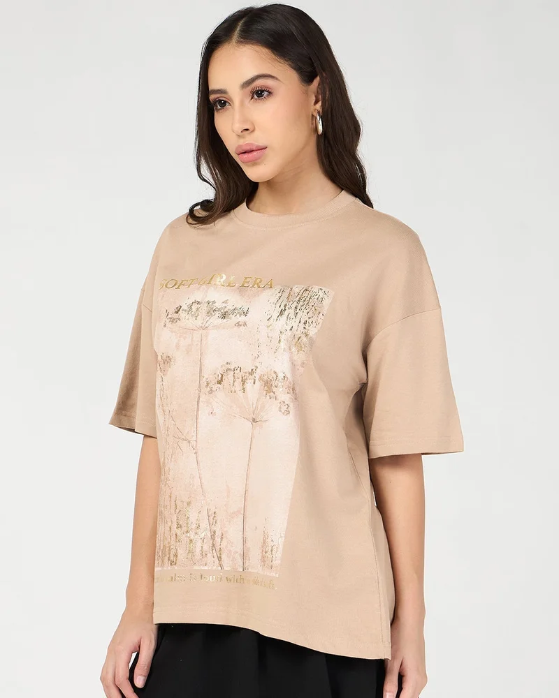 bewakoof Women's Ginger Root Brown Soft Girl Era Foil Printed Oversized T-shirt