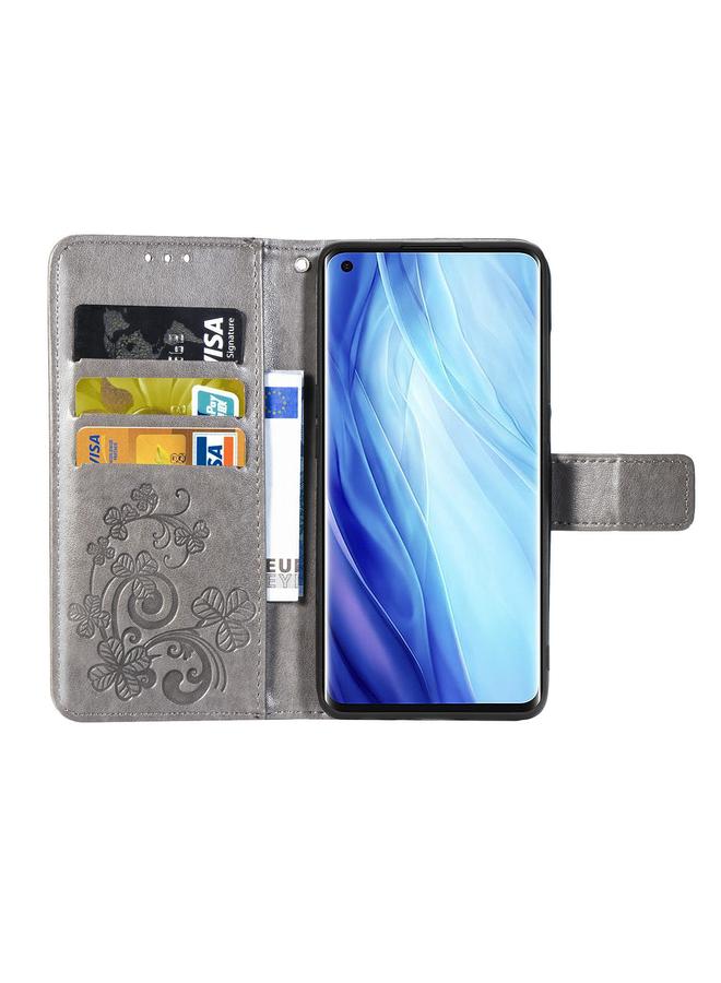 اس-توب جراب لهاتف Oppo Reno4 Pro 4G، جراب جلدي منقوش بأربع أوراق لحماية الهاتف المحمول مع حبل وفتحة للبطاقات ومحفظة ووظيفة القوس - Image 4