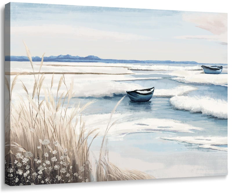 amatop Coastal Wall Art - Nautical Ocean Canvas Print with Light Blue & White Seascape, Boat, Reeds - Beach Picture for Modern Farmhouse, Lake House, Bedroom, Bathroom, Beach-Themed Artworkï¼Œ16x12 - Image 1