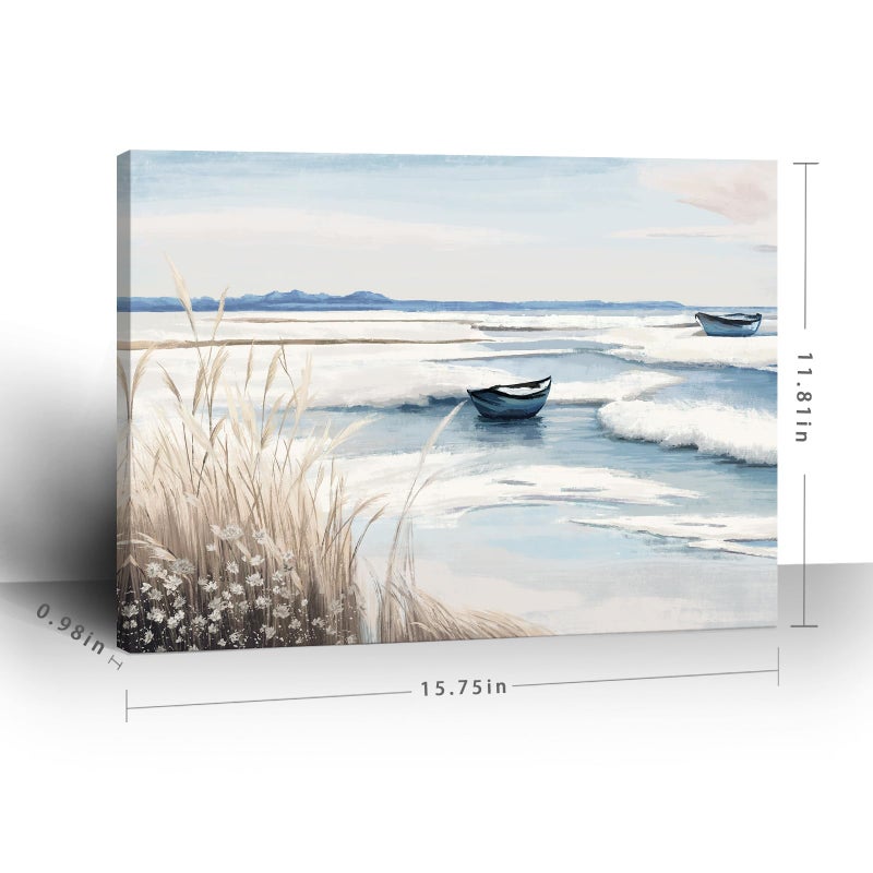 amatop Coastal Wall Art - Nautical Ocean Canvas Print with Light Blue & White Seascape, Boat, Reeds - Beach Picture for Modern Farmhouse, Lake House, Bedroom, Bathroom, Beach-Themed Artworkï¼Œ16x12 - Image 4