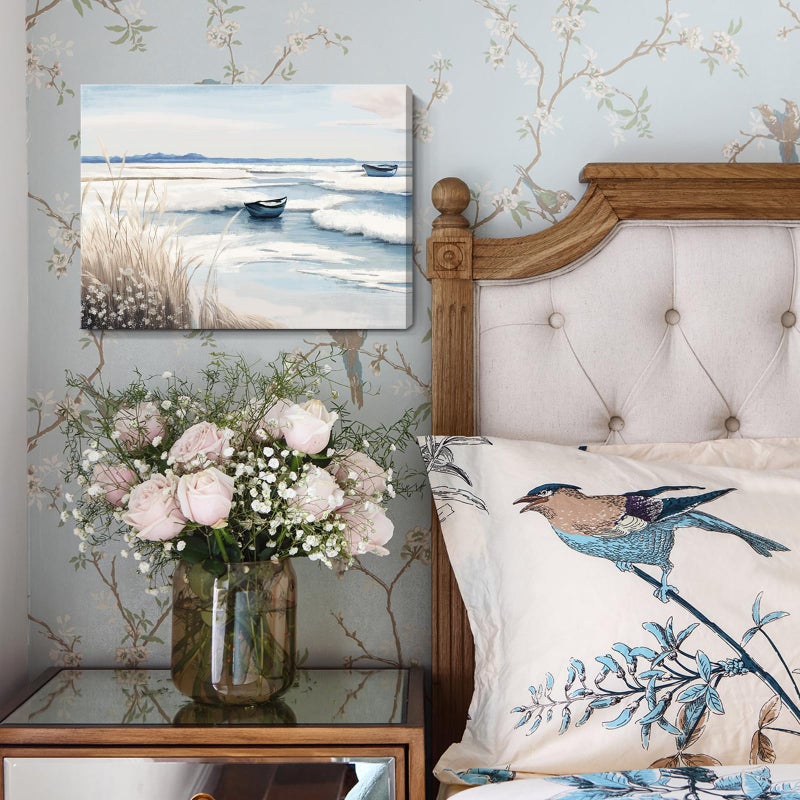amatop Coastal Wall Art - Nautical Ocean Canvas Print with Light Blue & White Seascape, Boat, Reeds - Beach Picture for Modern Farmhouse, Lake House, Bedroom, Bathroom, Beach-Themed Artworkï¼Œ16x12 - Image 3