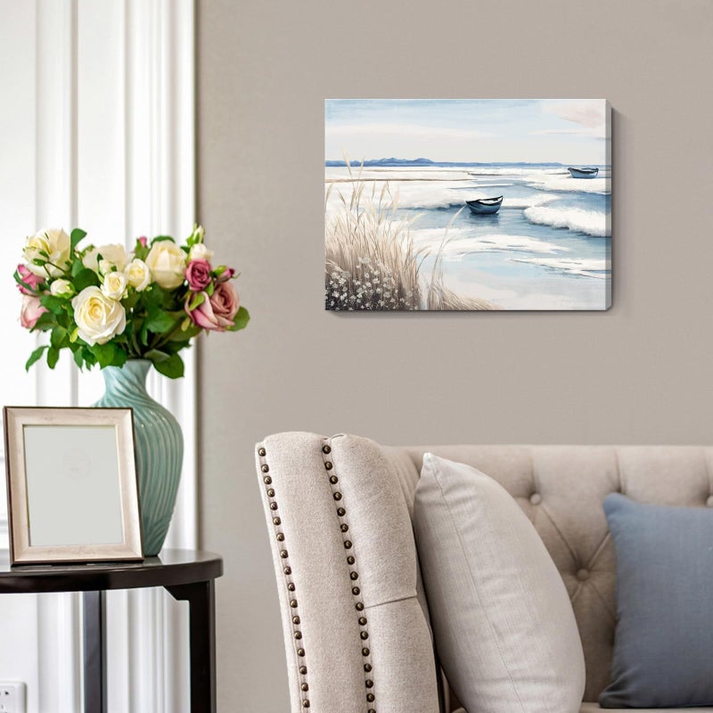 amatop Coastal Wall Art - Nautical Ocean Canvas Print with Light Blue & White Seascape, Boat, Reeds - Beach Picture for Modern Farmhouse, Lake House, Bedroom, Bathroom, Beach-Themed Artworkï¼Œ16x12 - Image 5