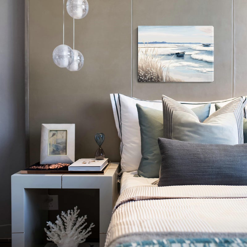 amatop Coastal Wall Art - Nautical Ocean Canvas Print with Light Blue & White Seascape, Boat, Reeds - Beach Picture for Modern Farmhouse, Lake House, Bedroom, Bathroom, Beach-Themed Artworkï¼Œ16x12 - Image 2
