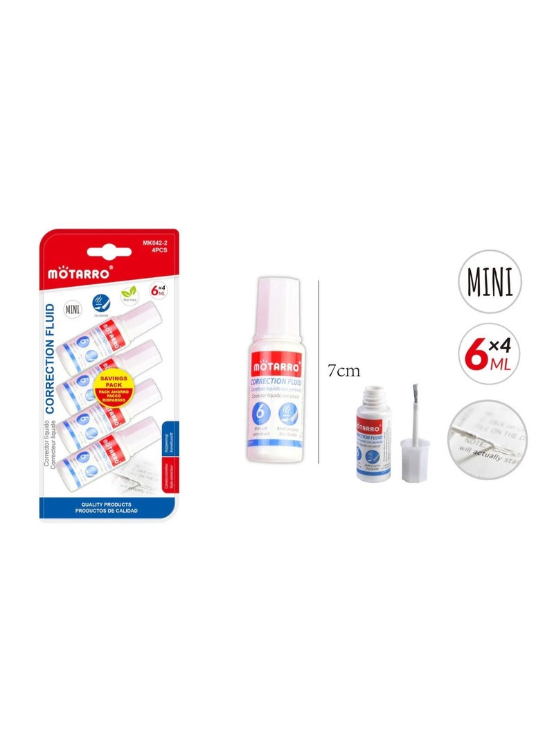 MOTARRO 4 Pcs Mini Correction Fluid Set, 6ml Each – Quick-Drying White Out with Soft Nylon Brush Tip, Non-Toxic & High Coverage for Office, School & Home – MK042-2