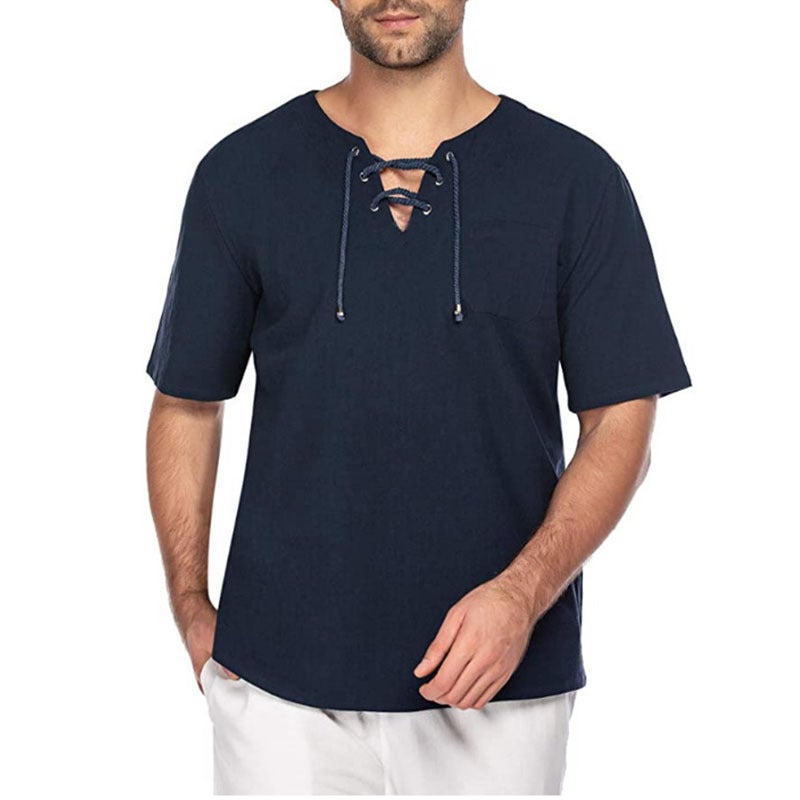 Street Style New Men'S Short-Sleeved T-Shirt Cotton And Linen Lace-Up Casual Fashion T-Shirt One-Piece - Image 3