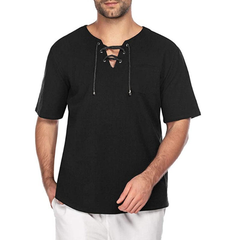 Street Style New Men'S Short-Sleeved T-Shirt Cotton And Linen Lace-Up Casual Fashion T-Shirt One-Piece - Image 4