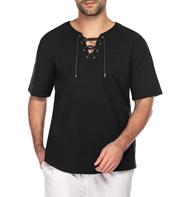 Street Style New Men'S Short-Sleeved T-Shirt Cotton And Linen Lace-Up Casual Fashion T-Shirt One-Piece - Image 1