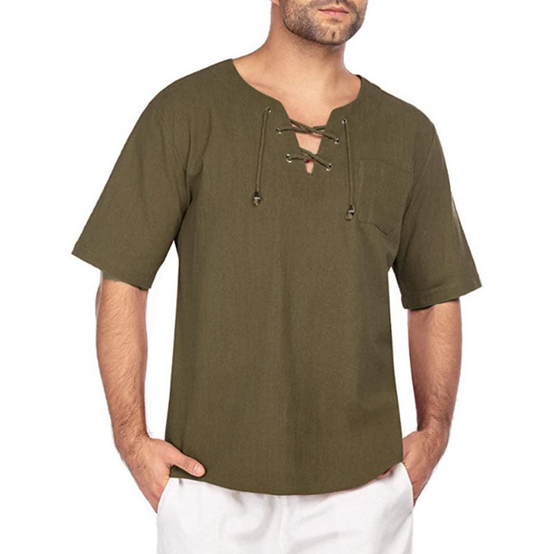 Street Style New Men'S Short-Sleeved T-Shirt Cotton And Linen Lace-Up Casual Fashion T-Shirt One-Piece - Image 5