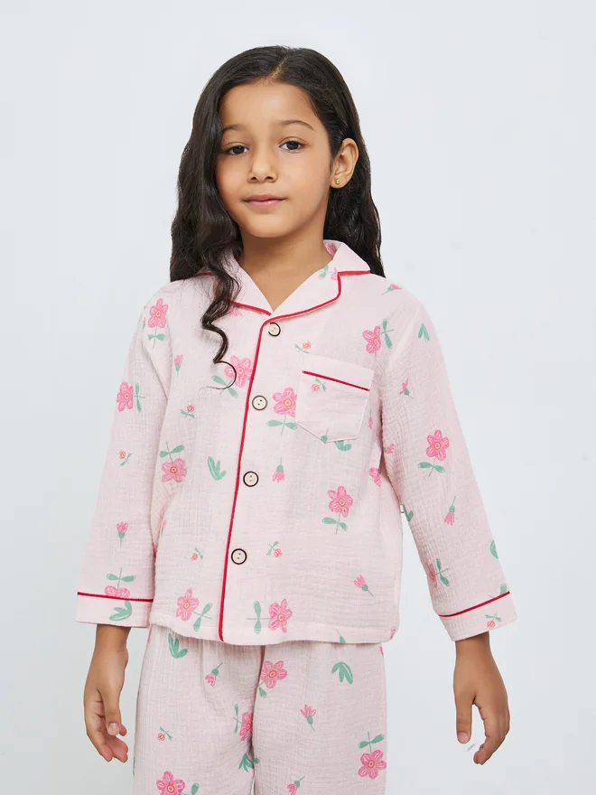 Styli Styli Girls Floral Print Button Front Shirt and Pjyama Set