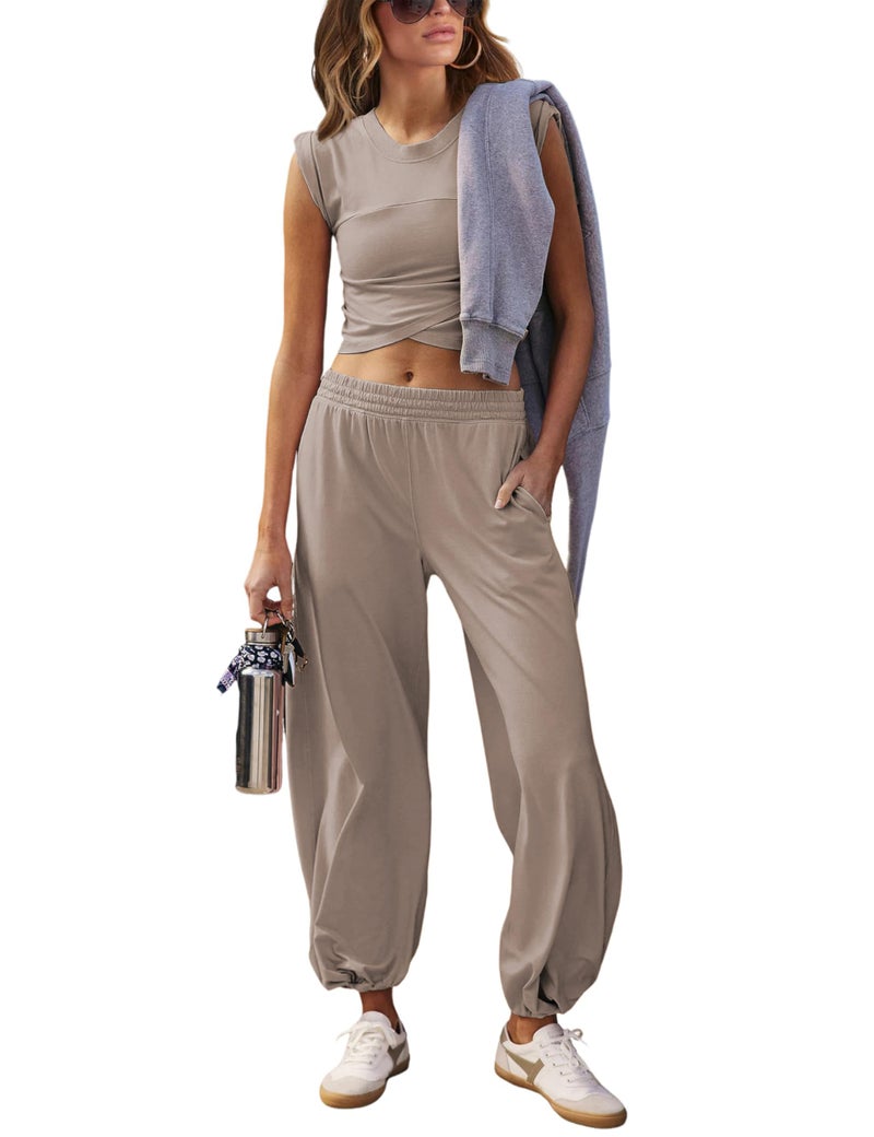 Springrain Womens Two Pieces Outfits Casual Lounge Sets Cropped Tops Sweatpants Tracksuit with Pockets(Mocha-XS) - Image 1